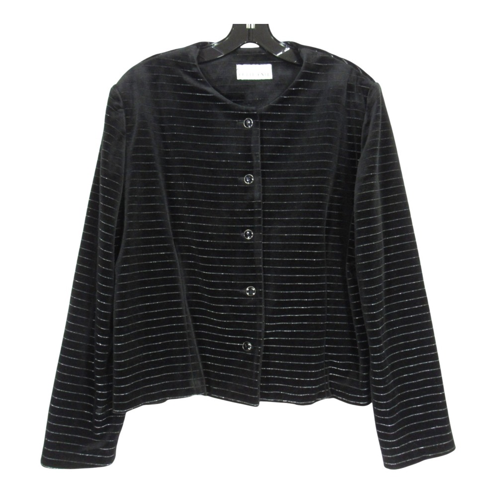 VTG BUTTE KNIT Black VELVET Silver Metallic Stripes BUTTON-UP Jacket Cardigan 20